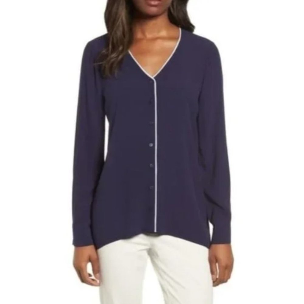 Eileen Fisher 100% Silk Button Down Long Sleeve V Neck Blouse Navy Size Small